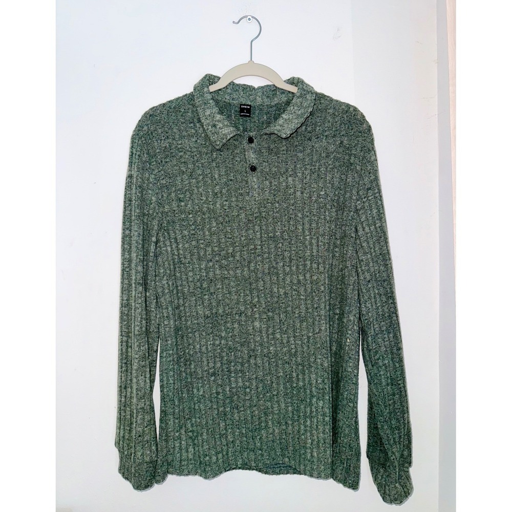 SHEIN Mens Ribbed Knit Long Sleeve Polo Shirt Green Heathered Size L